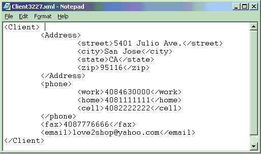 Пример документа XML сохранен в столбце "contactinfo" таблицы "clients"