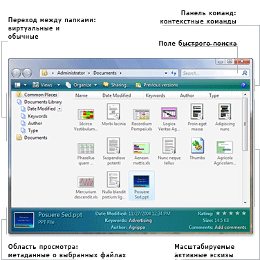 Изменяемые активные значки, поле быстрого поиска и область просмотра в Windows Vista