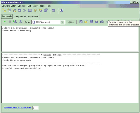 Окно DB2 Command Editor, которое может быть вызвано из DB2 Control Center 