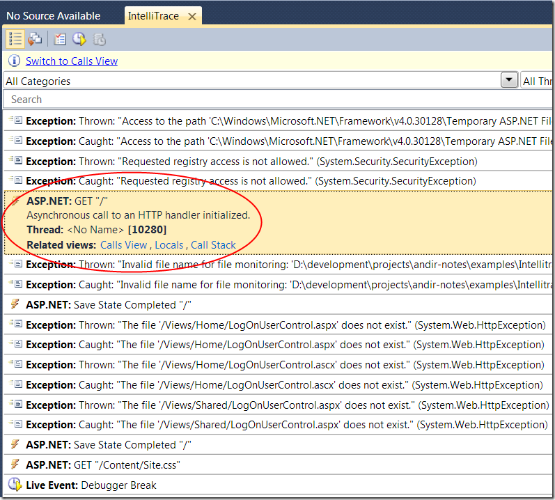 :       IntelliTrace  ASP.Net Mvc 