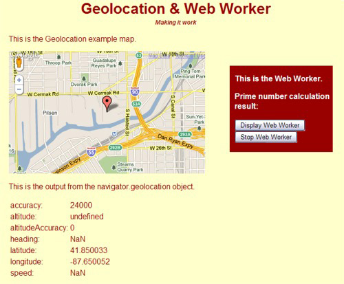 Page showing a map and the         geolocation information coordinates.