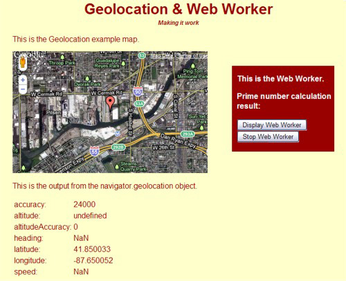Page showing a map and the         geolocation information coordinates.