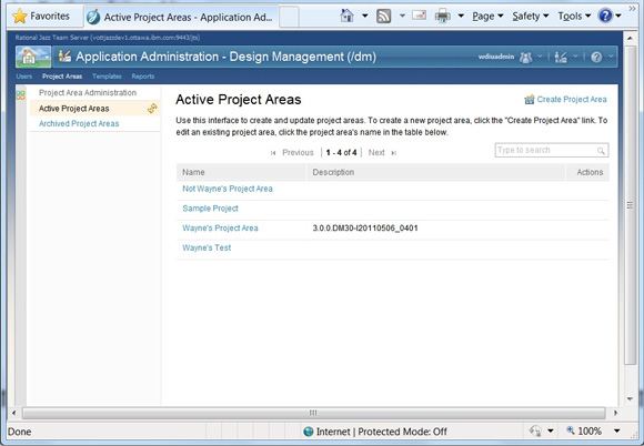 Рисунок 4. Страница Active Project Areas, доступная по ссылке Project Areas на странице администрирования Jazz Team Server