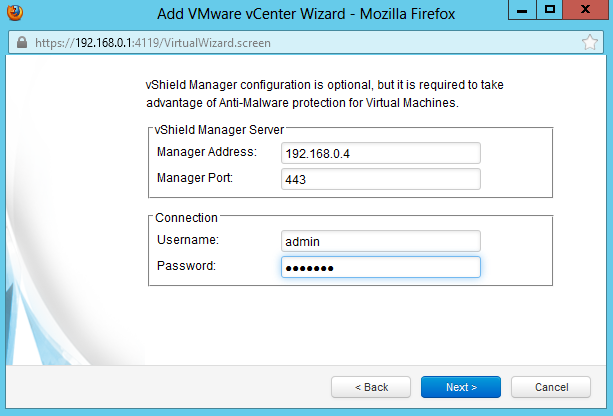 Указание сведений о vShield Manager Server
