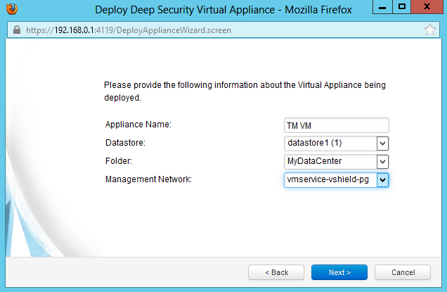 Параметры виртуальной машины защиты Deep Security Virtual Appliance