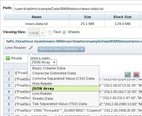 Screen cap shows JSON Array selected as the reader