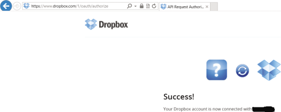 Успешная авторизация моего приложения на портале Dropbox