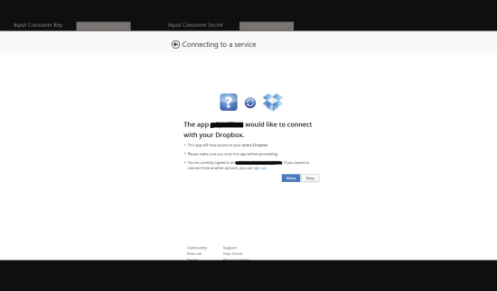 Dropbox запрашивает согласие пользователя на авторизацию приложения