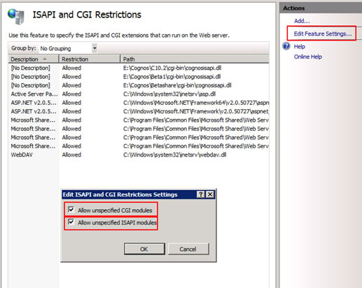 Figure 2 - ISAPI and CGI restrictions content view in the IIS Manager console