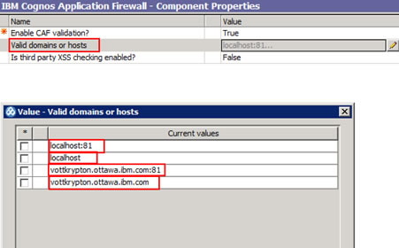 Figure 11 - Setting valid domains or hosts in the IBM Cognos Application Firewall properties section in IBM Cognos Configuration