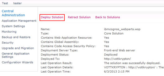 Figure 14 - Selecting the Deploy Solution option in SharePoint Central Administration