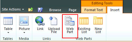 Figure 19 - Select the Web Part to insert into the new Cognos page