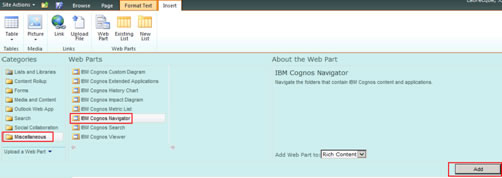 Figure 20 - Selecting the IBM Cognos Navigator Web Part from the Miscellaneous folder and adding it to the new Cognos page