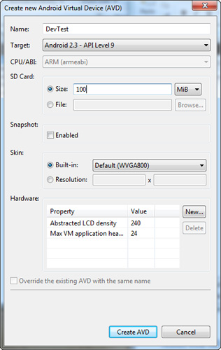 The Create New Android Virtual Device (AVD) window
