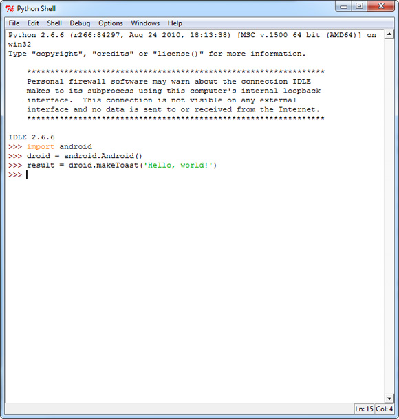 Image showing the Hello World application in the Python IDLE console