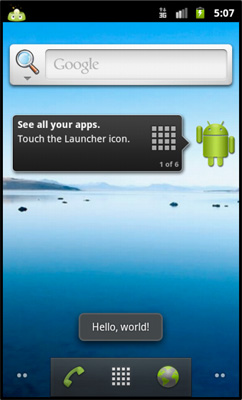 Image showing the Hello World pop-up message on the device