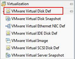 Screen capture shows that the VMWare Virtual Disk Def template falls under the Virtualization drawer of the Palette