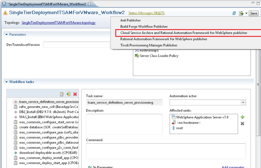 Screen capture shows generating a TSAM Cloud Service Archive and RAFW project from RSA