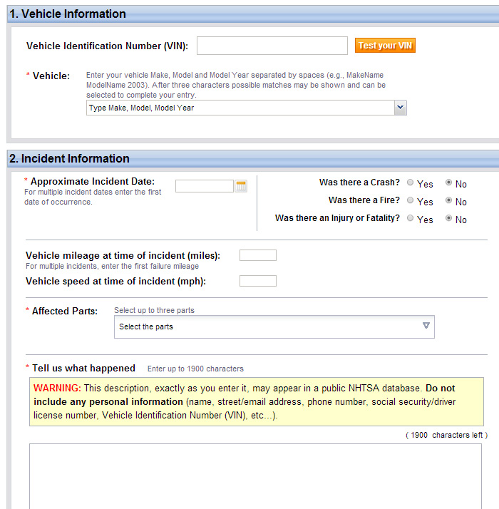 Screen capture of the online form provided by NHTSA to file vehicle safety complaints; the form has three sections, vehicle information, incident information and personal information