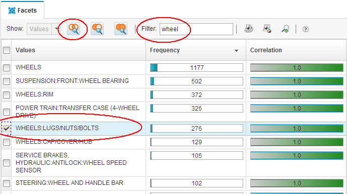 Screen capture of a list of facet values with WHEELS:LUGS/NUTS/BOLTS selected