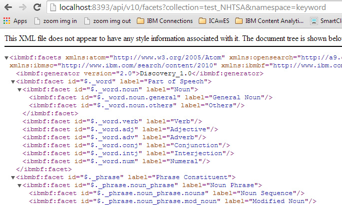 Screen capture of a browser showing the contents of an XML file with linguistic facets internal names