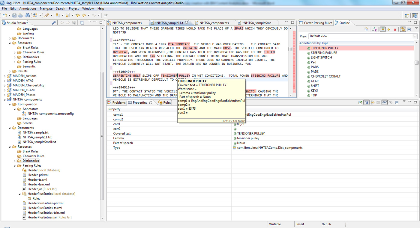 Screen capture of WCA Studio, with project hierarchy on the left, sample texts with annotations highlighted in the middle, and an outline column on the right with a list of annotations