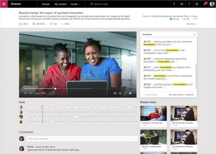 Microsoft Stream может распознавать лица, преобразовывать речь в текст и выполнять другие функции, повышающие продуктивность.