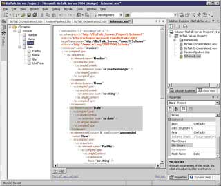 Рис. 5. Создание XML-схемы в Visual Studio с помощью редактора XSD из BizTalk.