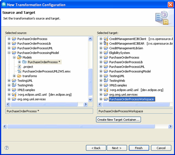 Configuring the transformation sources and targets